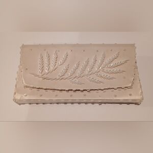 Vintage Cream Satin Clutch With White  Beaded Leaf Pattern.